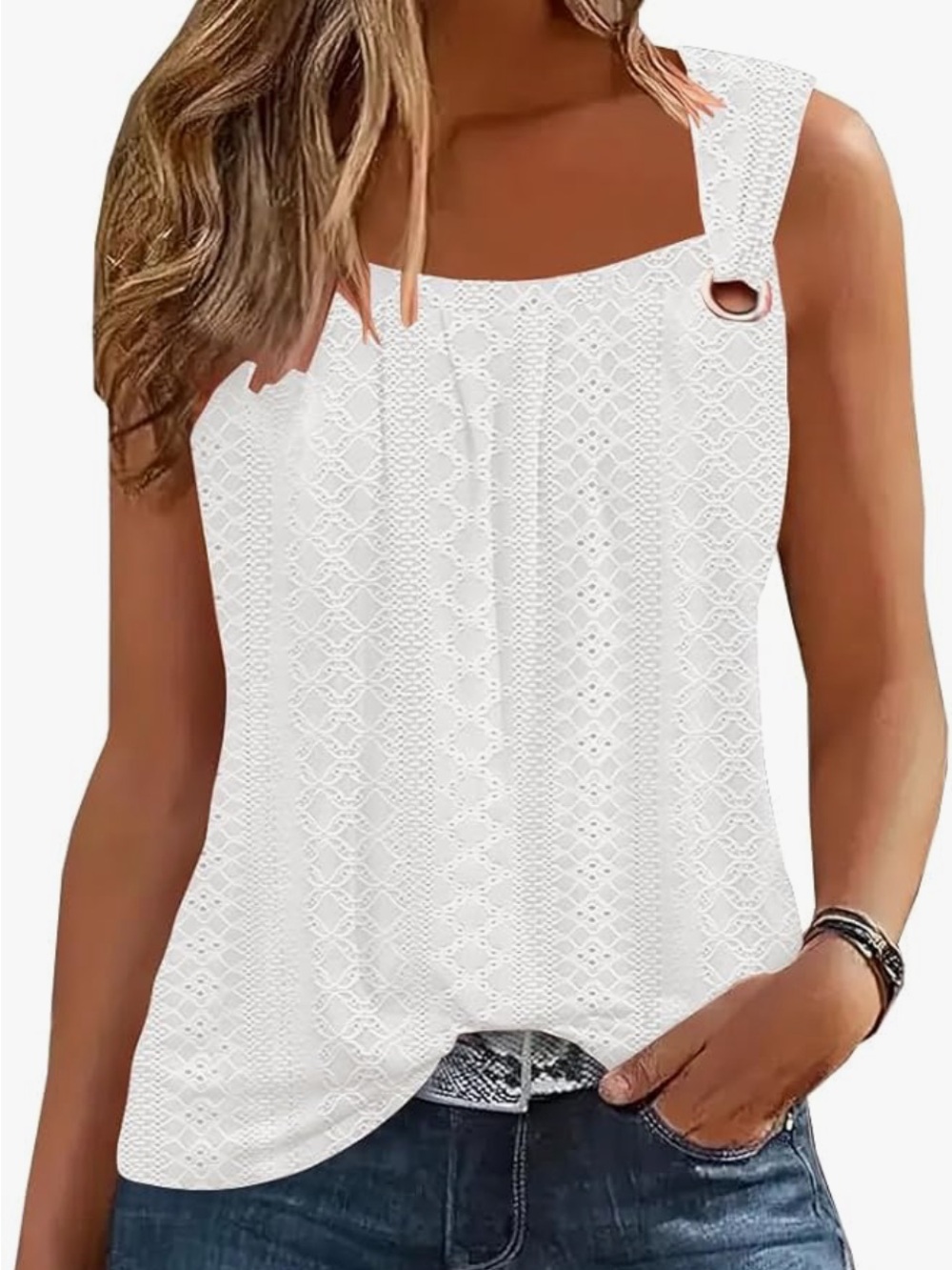 Women’s White Eyelet Square-Neck Tank Top with Strap Ring Detail